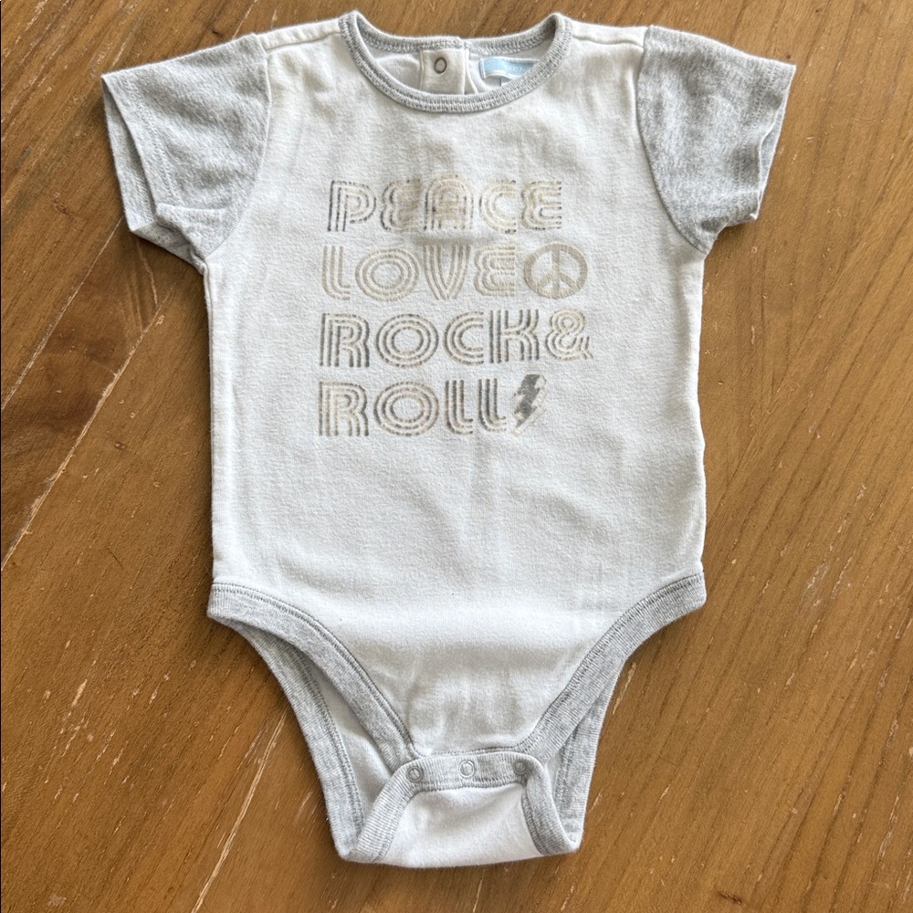 Old Navy Peace, Love, Rock & Roll Gray and White Baby Onesie size 12-18 months